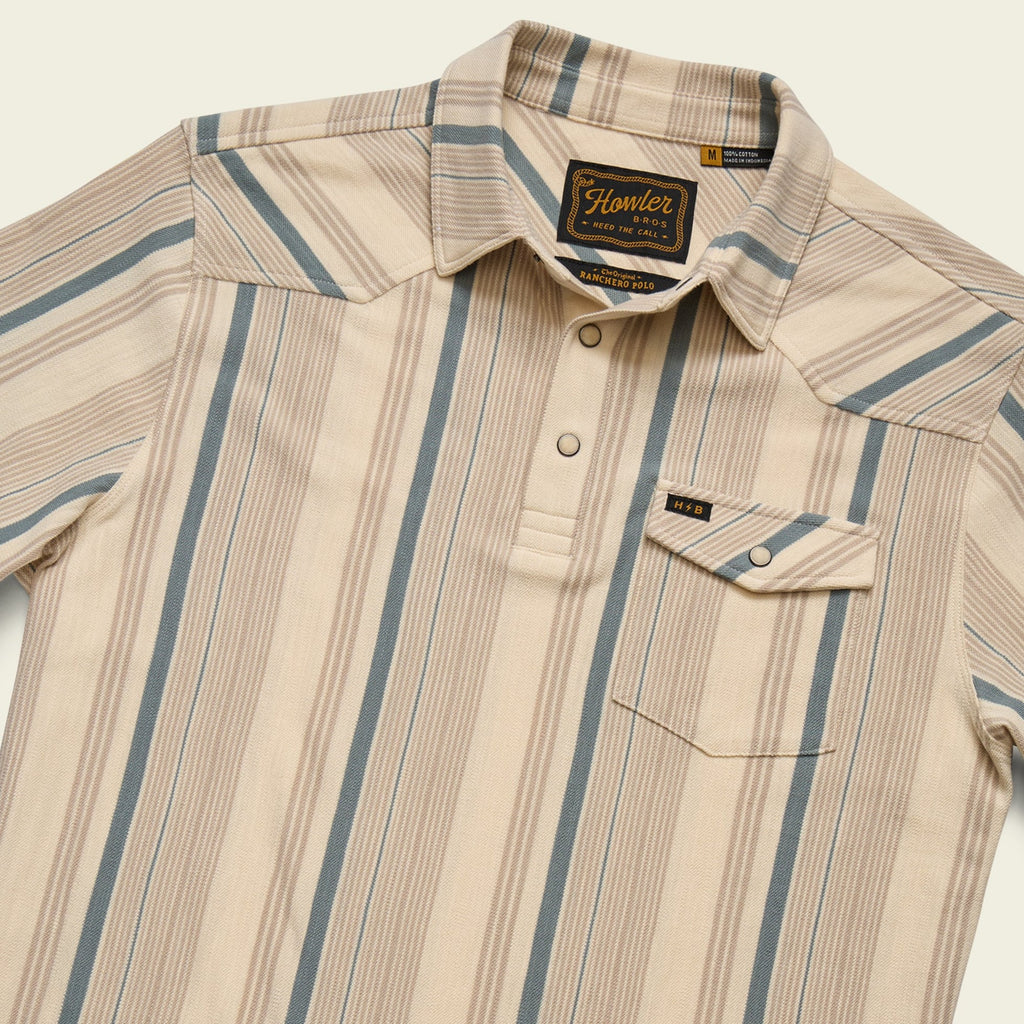 Roper's Clothing stripe cotton western polo in Old Bill Stripe: Limestone, cuff and sleeve detail