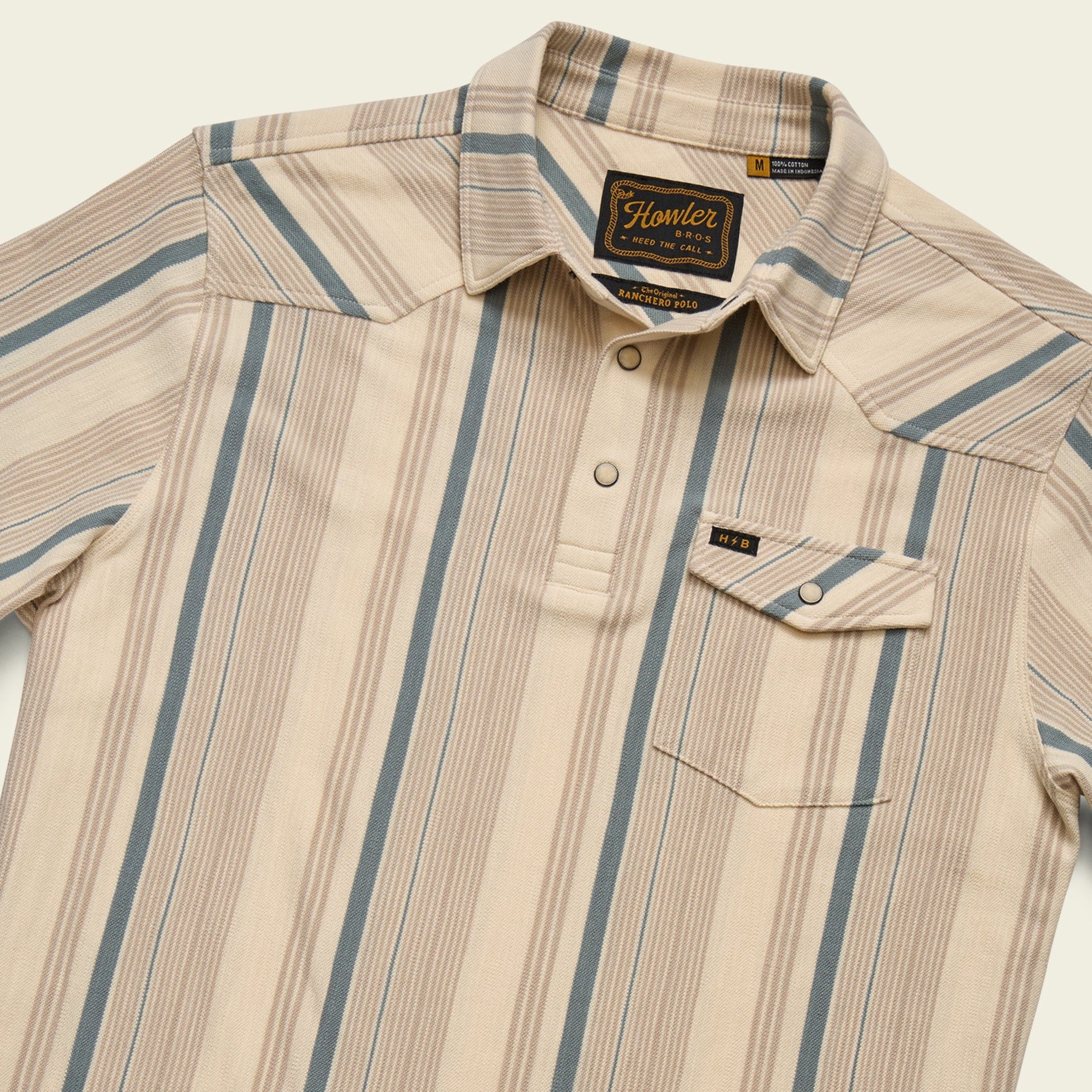 Roper's Clothing stripe cotton western polo in Old Bill Stripe: Limestone, cuff and sleeve detail