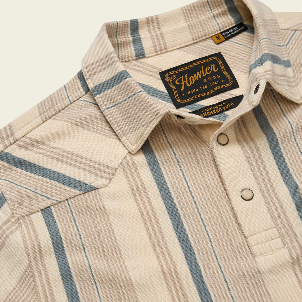 Roper's Clothing stripe cotton western polo in Old Bill Stripe: Limestone, worn on model