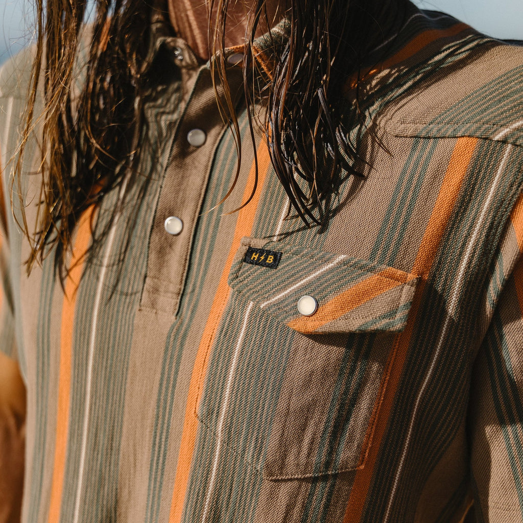 Roper's Clothing stripe cotton western polo in Old Bill Stripe: Otter, back view