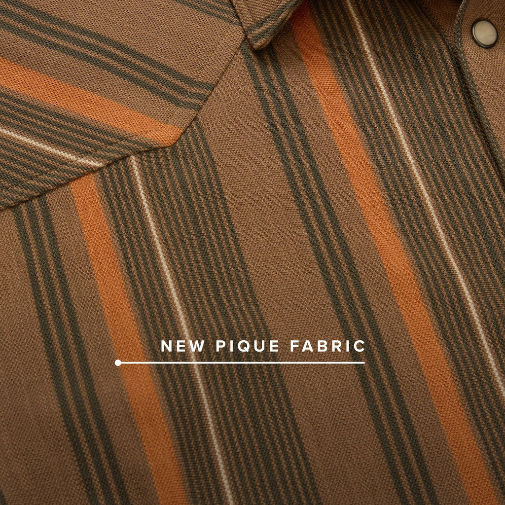 Roper's Clothing stripe cotton western polo in Old Bill Stripe: Otter, placket and yoke detail