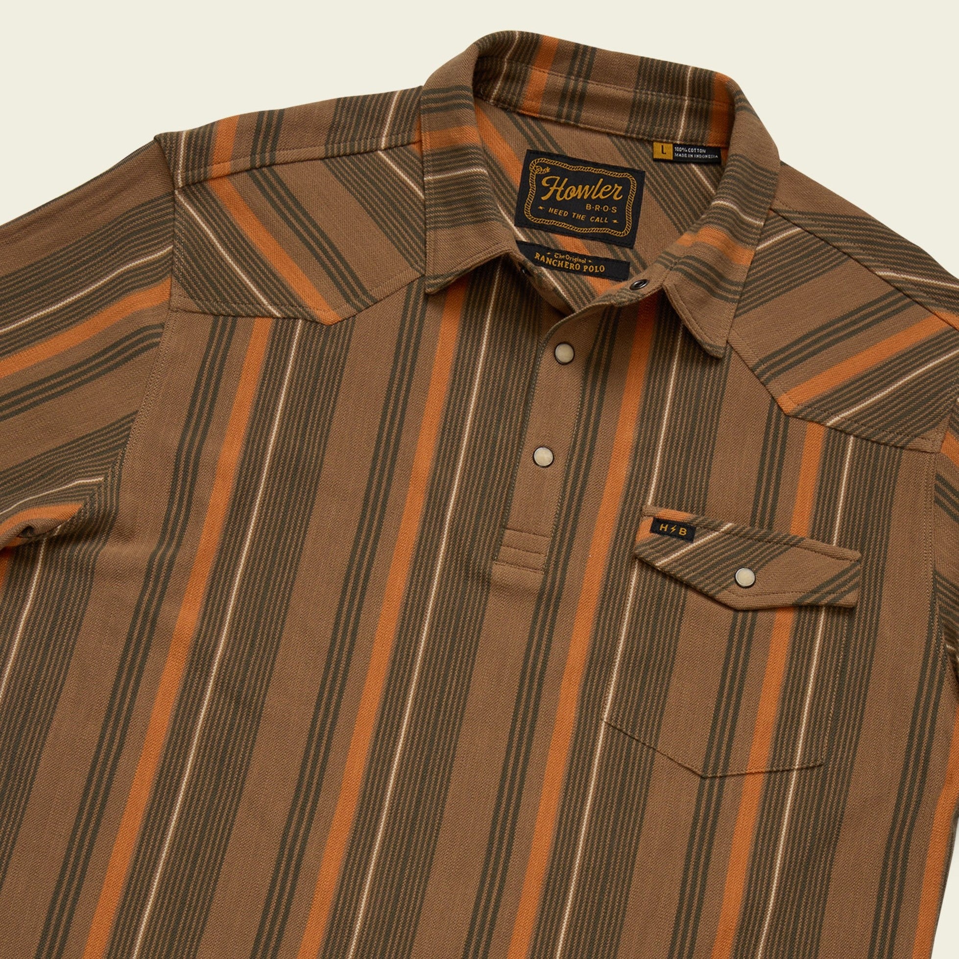 Roper's Clothing stripe cotton western polo in Old Bill Stripe: Otter, cuff and sleeve detail