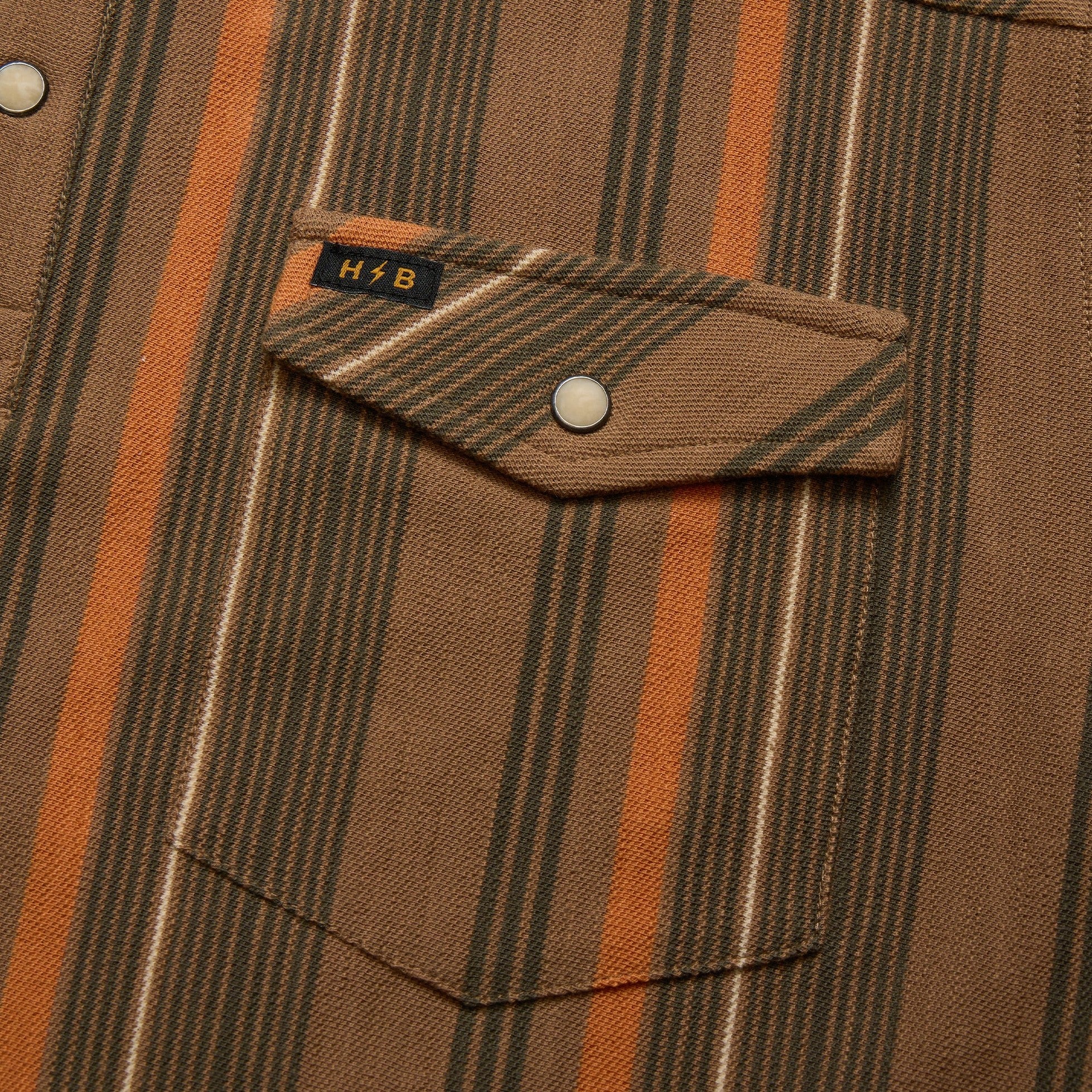 Roper's Clothing stripe cotton western polo in Old Bill Stripe: Otter, worn on model