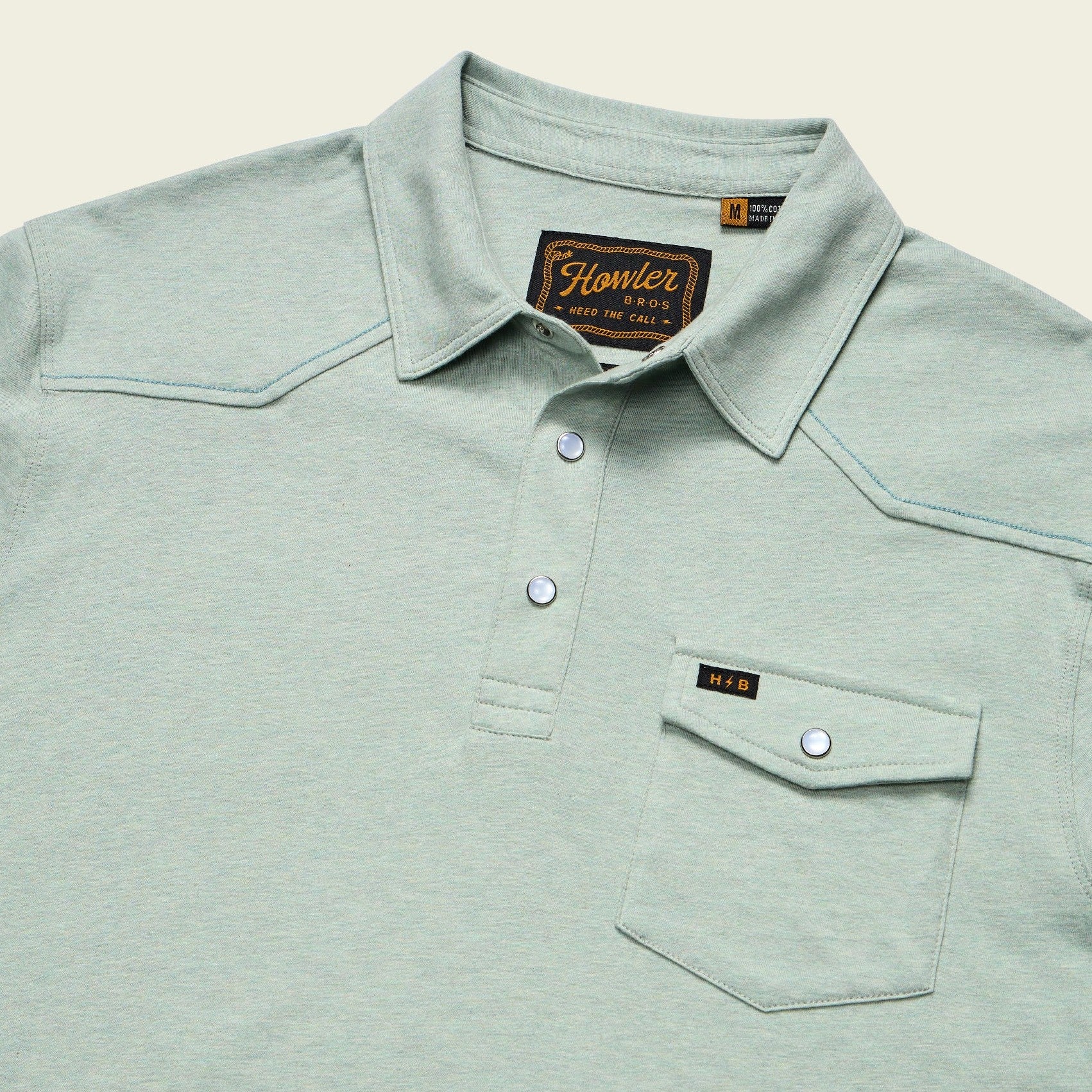 Roper's Clothing solid cotton western polo in Seafoam, placket and yoke detail