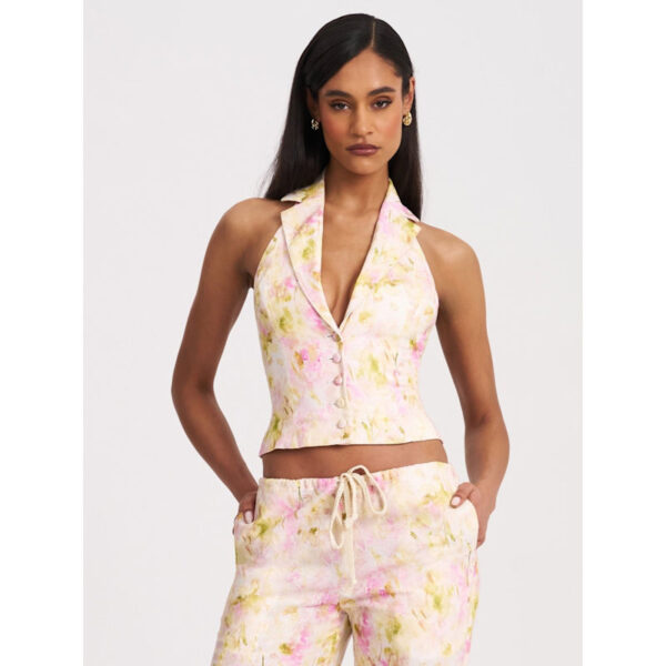 Lauren Pink Floral Print Ruched Back Linen Suit Vest Bre05 - Image 2